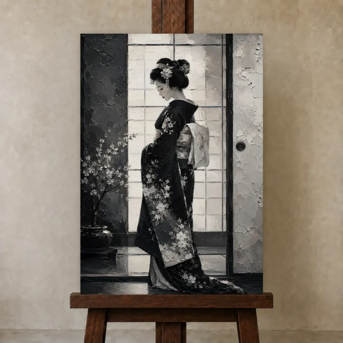 Black & Pearl Monochrome Geisha Art Canvas Print displayed on a studio easel