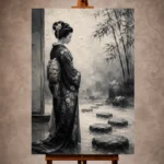 Smoky gray and pale ivory Monochrome Geisha Art print for elegant interiors. No text or watermarks in design.