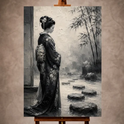 Smoky gray and pale ivory Monochrome Geisha Art print for elegant interiors. No text or watermarks in design.