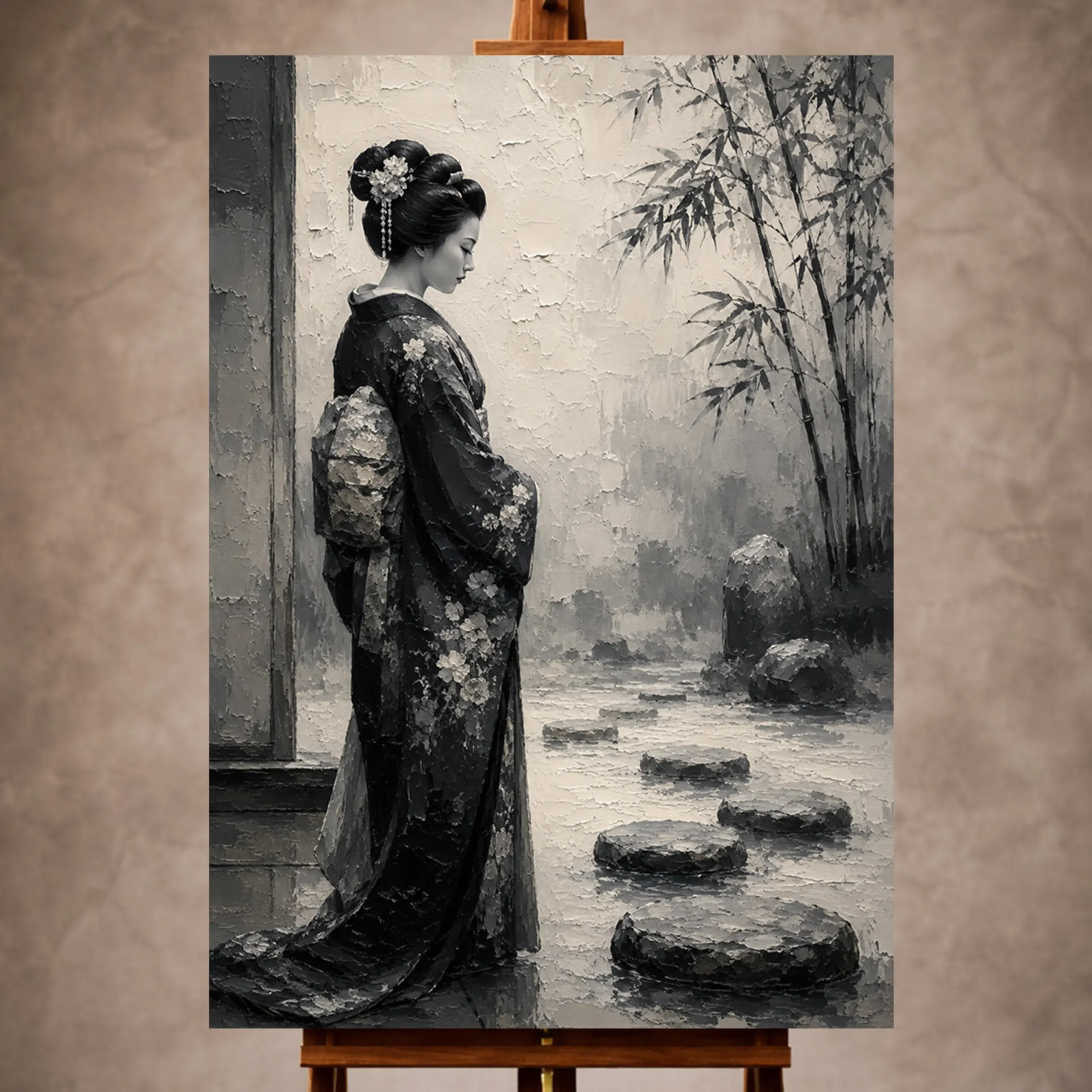 Premium Wall Art Dikey Html Edition – GYSHA072 Image 1 Smoky gray and pale ivory Monochrome Geisha Art print for elegant interiors. No text or watermarks in design.