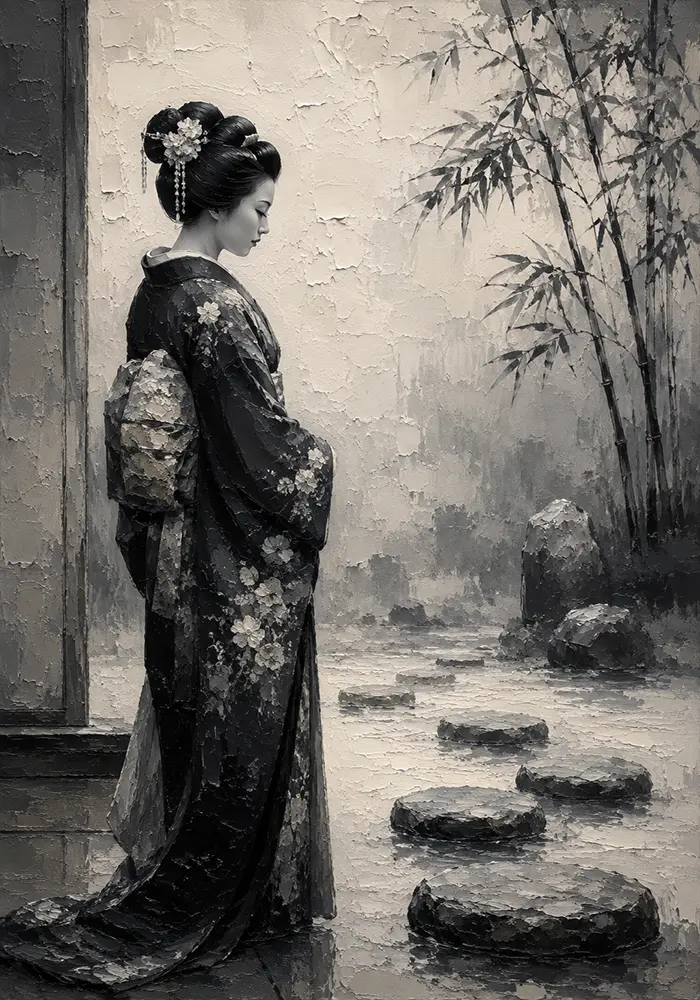 Smoky Gray & Ivory Monochrome Geisha Art Canvas Print