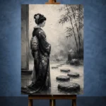 Smoky Gray & Ivory Monochrome Geisha Art Canvas Print - Image 2