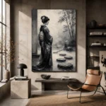 Smoky Gray & Ivory Monochrome Geisha Art Canvas Print - Image 3