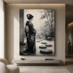 Smoky Gray & Ivory Monochrome Geisha Art Canvas Print - Image 4
