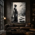 Smoky Gray & Ivory Monochrome Geisha Art Canvas Print - Image 5