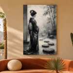Smoky Gray & Ivory Monochrome Geisha Art Canvas Print - Image 6