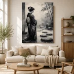 Smoky Gray & Ivory Monochrome Geisha Art Canvas Print - Image 10
