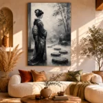 Smoky Gray & Ivory Monochrome Geisha Art Canvas Print - Image 11