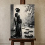 Smoky Gray & Ivory Monochrome Geisha Art Canvas Print displayed on a studio easel