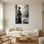 Smoky Gray & Ivory Monochrome Geisha Art Canvas Print styled in a refined neutral interior