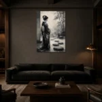 Smoky Gray & Ivory Monochrome Geisha Art Canvas Print shown in a warm modern interior