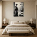 Smoky Gray & Ivory Monochrome Geisha Art Canvas Print showcased in an elegant minimalist interior