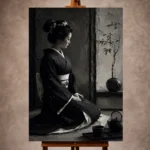Graphite chiaroscuro Monochrome Geisha Art print for elegant interiors. No text or watermarks in design.