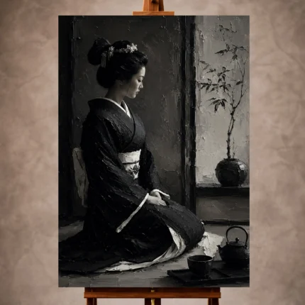 Graphite chiaroscuro Monochrome Geisha Art print for elegant interiors. No text or watermarks in design.