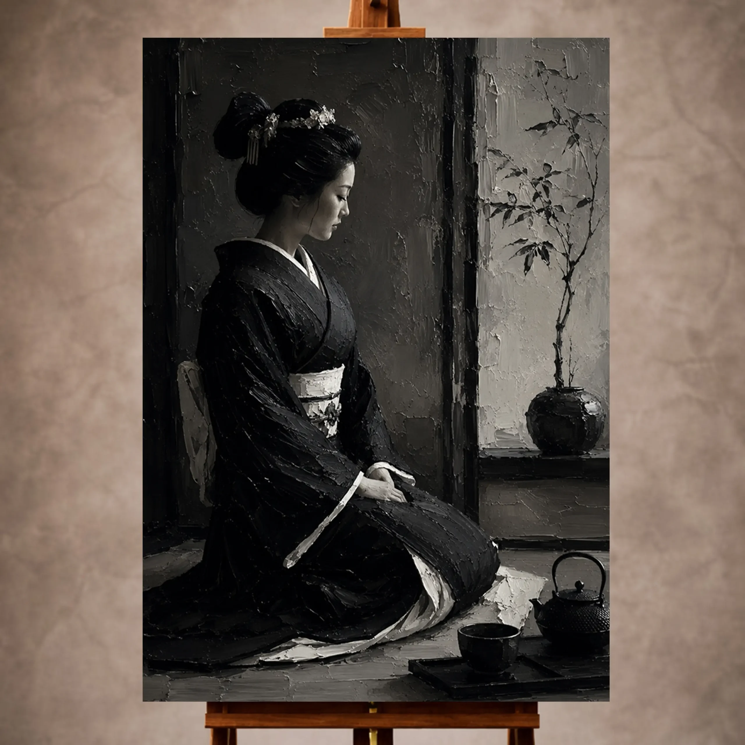 Premium Wall Art Dikey Html Edition – GYSHA073 Image 1 Graphite chiaroscuro Monochrome Geisha Art print for elegant interiors. No text or watermarks in design.