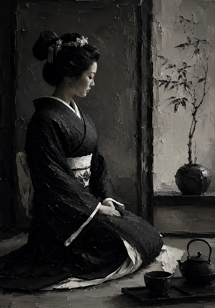 Graphite Chiaroscuro Monochrome Geisha Art Canvas Print