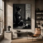 Graphite Chiaroscuro Monochrome Geisha Art Canvas Print - Image 3