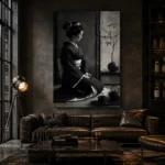 Graphite Chiaroscuro Monochrome Geisha Art Canvas Print - Image 5