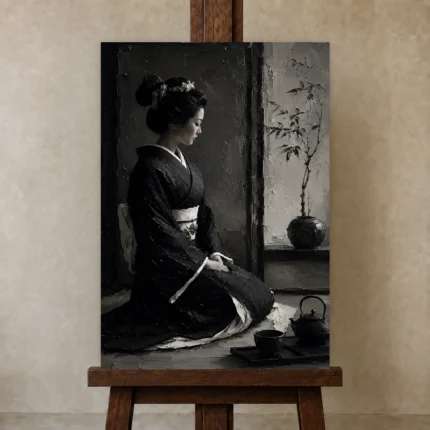 Graphite Chiaroscuro Monochrome Geisha Art Canvas Print shown in Studio Easel