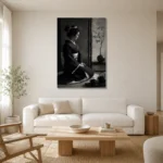 Graphite Chiaroscuro Monochrome Geisha Art Canvas Print styled in a refined neutral interior