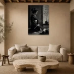Graphite Chiaroscuro Monochrome Geisha Art Canvas Print presented in a sophisticated home setting