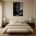 Graphite Chiaroscuro Monochrome Geisha Art Canvas Print showcased in an elegant minimalist interior