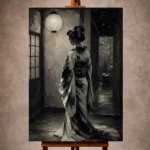 Pearl lantern and warm gray Monochrome Geisha Art print for elegant interiors. No text or watermarks in design.