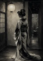 Pearl Lantern Monochrome Geisha Art Canvas Print