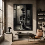 Pearl Lantern Monochrome Geisha Art Canvas Print - Image 3