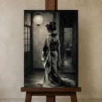 Pearl Lantern Monochrome Geisha Art Canvas Print displayed on a studio easel
