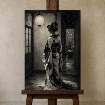 Pearl Lantern Monochrome Geisha Art Canvas Print shown in Studio Easel