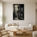 Pearl Lantern Monochrome Geisha Art Canvas Print styled in a refined neutral interior