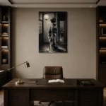 Pearl Lantern Monochrome Geisha Art Canvas Print displayed in a contemporary gallery-inspired room