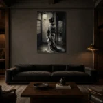 Pearl Lantern Monochrome Geisha Art Canvas Print shown in a warm modern interior