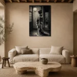 Pearl Lantern Monochrome Geisha Art Canvas Print presented in a sophisticated home setting