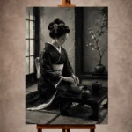 Graphite and porcelain white Monochrome Geisha Art print for elegant interiors. No text or watermarks in design.