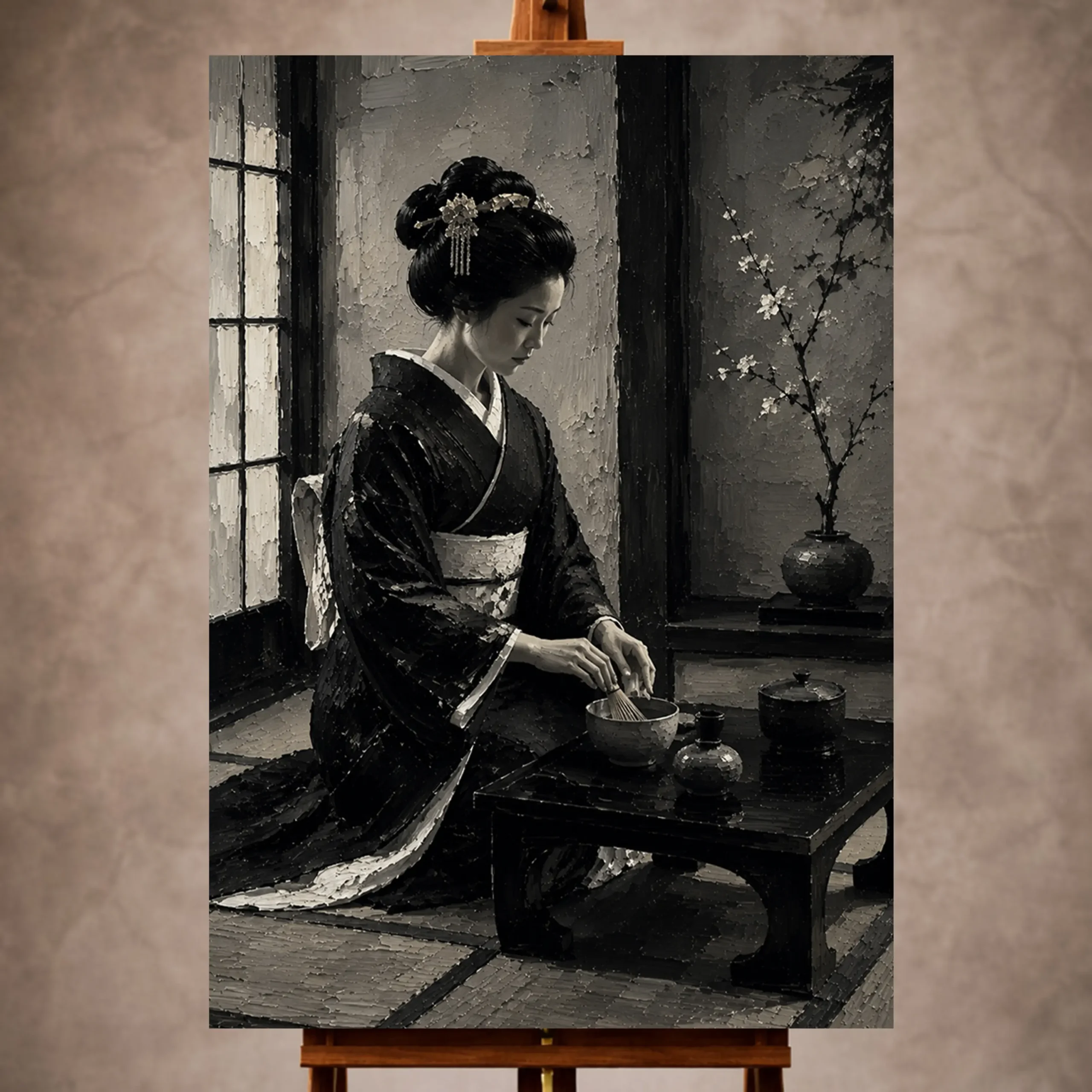 Premium Wall Art Dikey Html Edition – GYSHA075 Image 1 Graphite and porcelain white Monochrome Geisha Art print for elegant interiors. No text or watermarks in design.