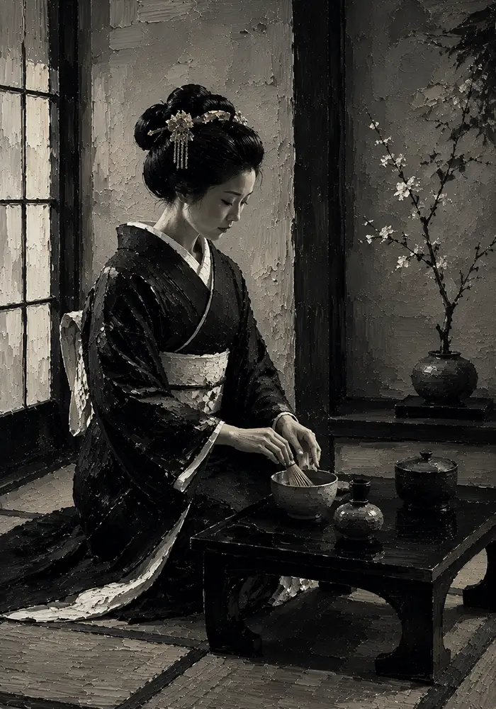 Graphite & Porcelain Monochrome Geisha Art Canvas Print