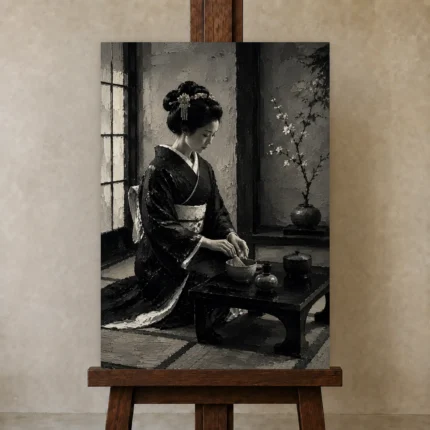 Graphite & Porcelain Monochrome Geisha Art Canvas Print shown in Studio Easel