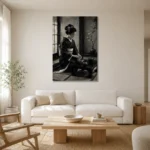 Graphite & Porcelain Monochrome Geisha Art Canvas Print styled in a refined neutral interior