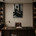 Graphite & Porcelain Monochrome Geisha Art Canvas Print displayed in a contemporary gallery-inspired room