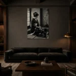 Graphite & Porcelain Monochrome Geisha Art Canvas Print shown in a warm modern interior