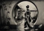 Ash Gray Moon Gate Monochrome Geisha Art Canvas Print