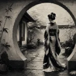 Ash Gray Moon Gate Monochrome Geisha Art Canvas Print