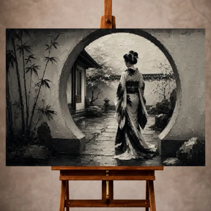 Ash gray and pearl Monochrome Geisha Art print for elegant interiors. No text or watermarks in design.