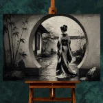 Ash Gray Moon Gate Monochrome Geisha Art Canvas Print - Image 2