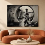 Ash Gray Moon Gate Monochrome Geisha Art Canvas Print - Image 3