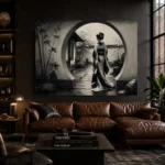 Ash Gray Moon Gate Monochrome Geisha Art Canvas Print - Image 4