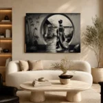 Ash Gray Moon Gate Monochrome Geisha Art Canvas Print - Image 7