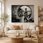 Ash Gray Moon Gate Monochrome Geisha Art Canvas Print - Image 8
